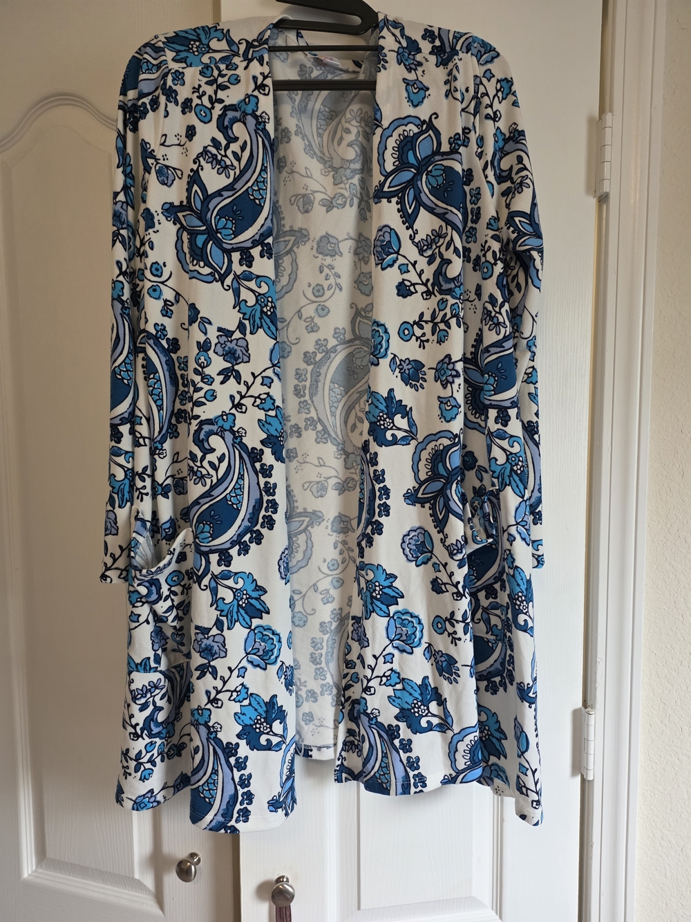 LuLaRoe White Cardigan with Blue Floral Paisley Print